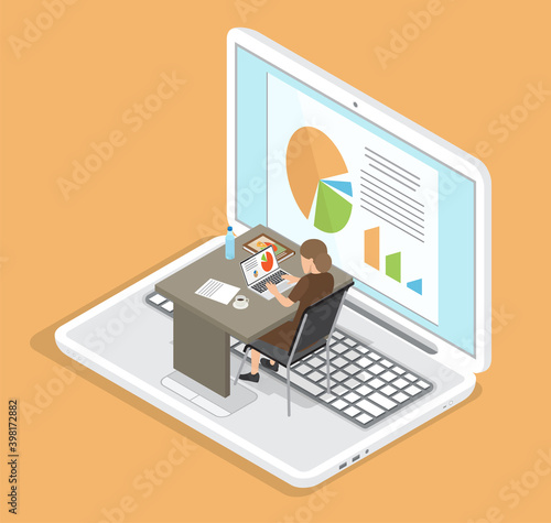 Office worker at the table with a laptop. Businesswoman working at workplace analyzes statistics vector illustration. Woman compiles a report with a chart and description sitting on big opened laptop