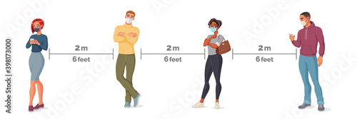 People in face masks standing in line. Social distance vector illustration.