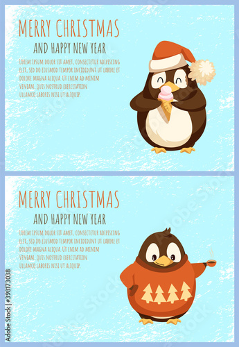 Penguin in sweater and with ice cream, Christmas holiday. Bird in Santa hat eating dessert, animal in knitwear with coffee or tea, winter time vector
