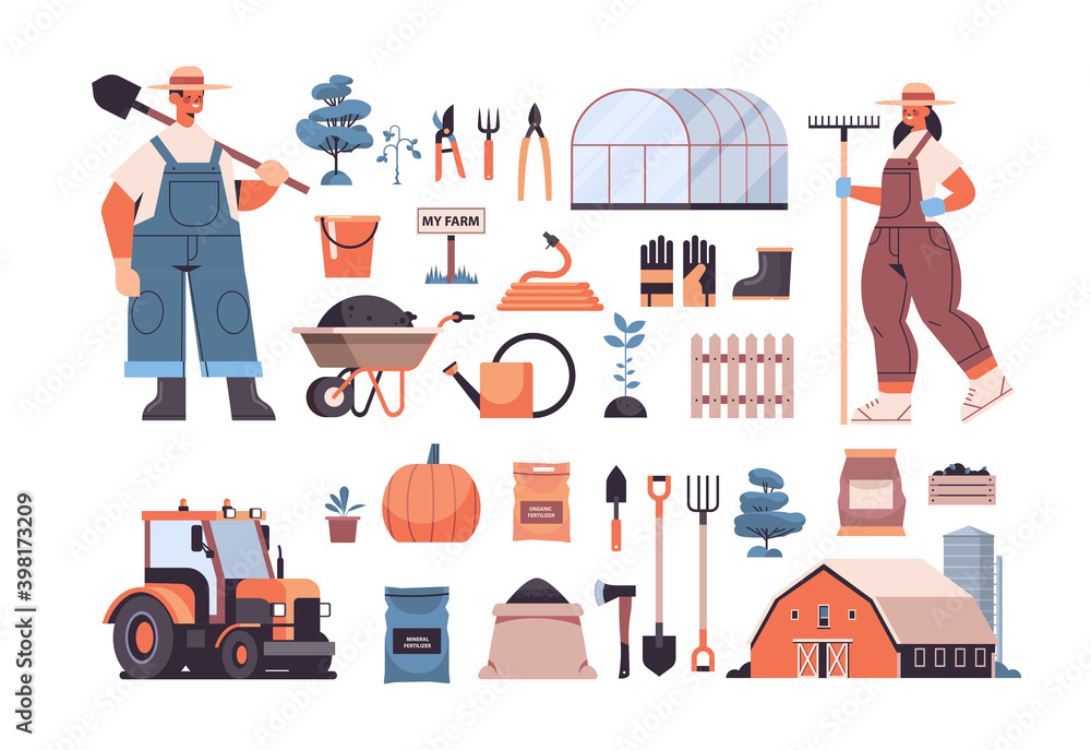 set garden and farm tools gardening equipment and farmers in uniform organic eco farming agriculture concept horizontal vector illustration - obrazy, fototapety, plakaty 