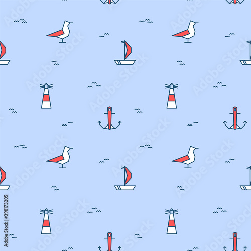 Seamless pattern with marine elements. Nautical Illustrations of a seagull, sailing boat, lighthouse and anchor on a white background. Vector illustration