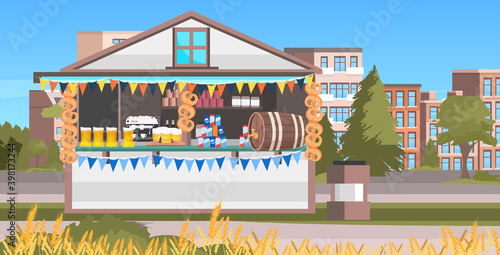 wooden stall with beer octoberfest party celebration open air outdoor festival cityscape background horizontal vector illustration