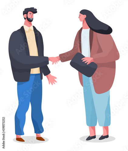 Business people man and woman communicating, shake hands with each other. Smiling friendly colleagues wearing in formal clothes flat design. Office staff meeting, appointment of business partners