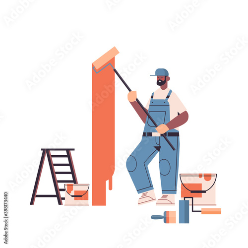 professional worker in uniform using painting wall with roller repair service renovation concept isolated full length vector illustration