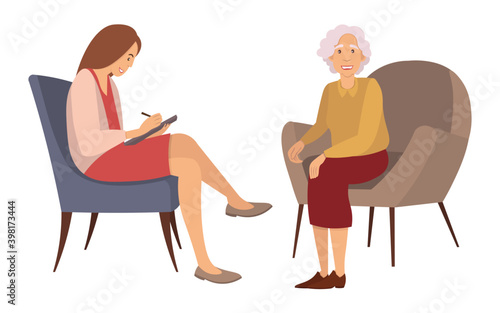 Old woman are sitting on a large brown sofa. The psychologist makes notes with smilling and asks questions. Girl is helping grandmother solve gaps. Psychotherapy session isolated on white background