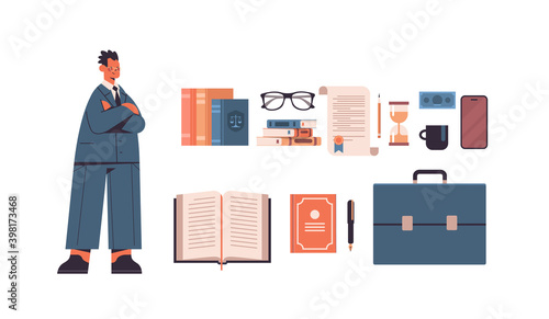 law and justice set male lawyer and icons collection horizontal full length isolated vector illustration