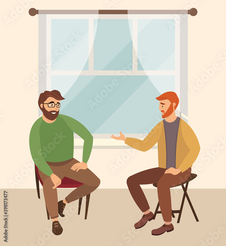 Men are sitting on large brown stools. The psychologist is asking questions. Men are communicating with each other. Man is helping male character solve gaps. Psychotherapy session vector illustration