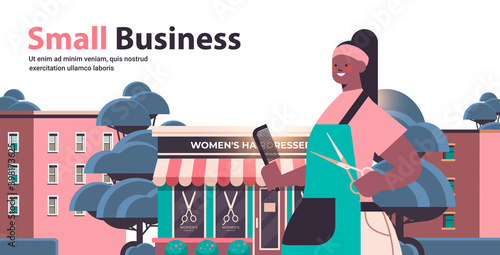 african american hairdresser in uniform holding scissors and comb small business concept beauty studio exterior horizontal portrait copy space vector illustration