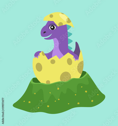 Purple dragon hatches. Animal smiles happily while sitting in a shell. Dinosaur appears from a colorful egg. Cute baby dragon looks at the world happily. Cartoon character isolated on blue background