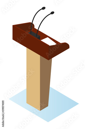 Wooden podium tribune stand rostrum with microphones. Flat vector illustration debate stage and conference speech tribune. Platform for lecture, business presentation stage on white background