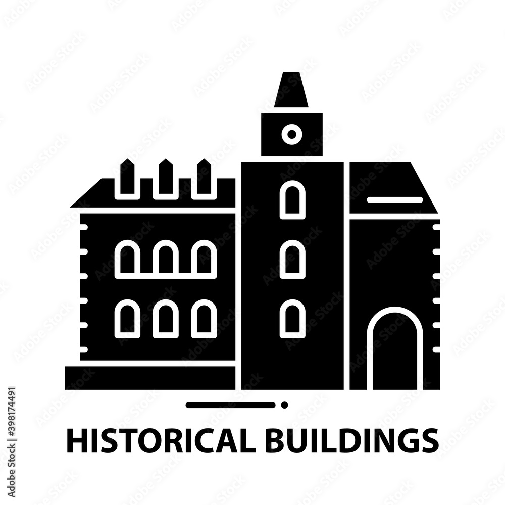 historical buildings icon, black vector sign with editable strokes, concept illustration