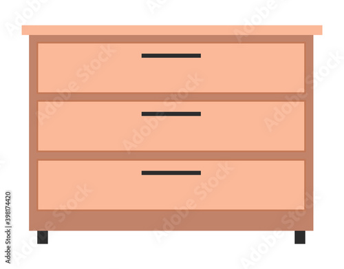 Wooden light brown chest of drawers. Made of natural materials. Bedside table, commode furniture isolated on white. Furnishing for interior decoration of a living room or office vector illustration
