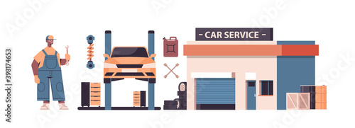 mechanic working and fixing vehicle car service automobile repair and check up maintenance station concept isolated horizontal vector illustration