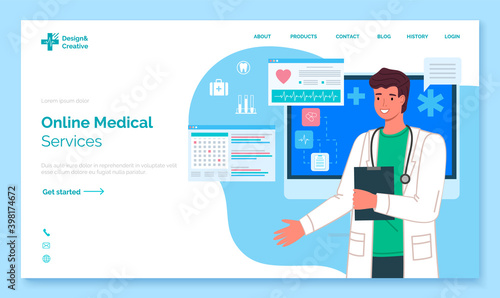 Online medical services landing page template. Mobile medicine. Health and medical consultation application webpage with infographic and doctor man therapist, healthcare and technology concept