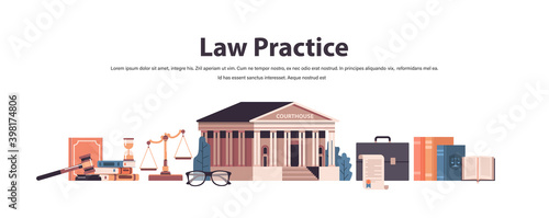 law and justice set gavel judge books scales courthouse icons collection horizontal copy space vector illustration