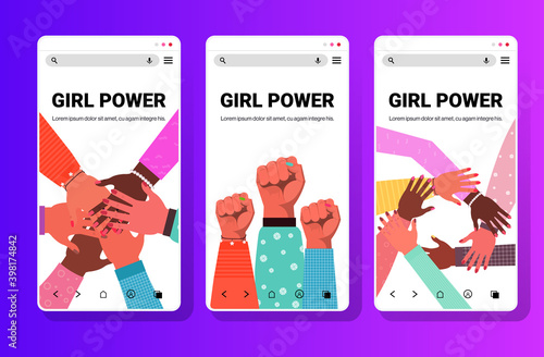 set hands of mix race group of women putting together female empowerment movement girl power union of feminists concept smartphone screens collection copy space vector illustration