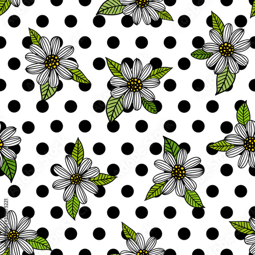 white daisies sketch black outlines, handmade illustration, with large black polka dots background floral seamless pattern	