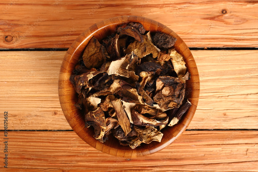 Dried mushrooms in wooden bowl. Boletus badius. Dried mushrooms in wooden bowl. Boletus badius.