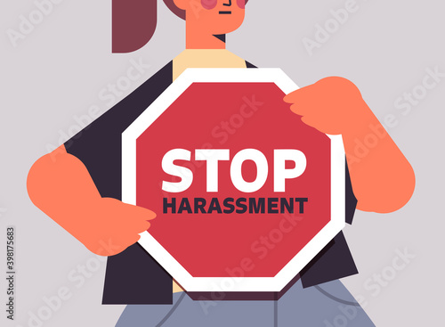 unhappy girl with bruises on face holding sign stop sexual harassment violence against women concept closeup portrait horizontal vector illustration