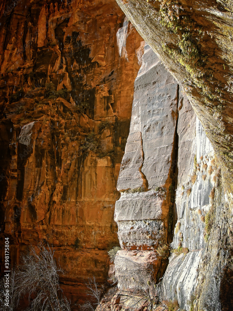 Falling water over The Grotto on an autumn afternoon in Zion Canyon, southwest Utah