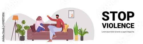 angry husband punching and hitting wife stop domestic violence and aggression against women living room interior copy space horizontal full length vector illustration