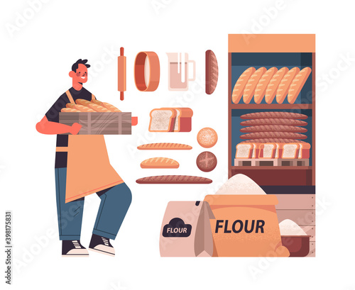 male baker in uniform holding baguettes different bakery pastry products baking concept full length isolated vector illustration