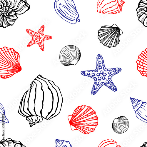 Seamless pattern with seashells, starfishes. Marine background.  Hand drawn vector illustration in sketch style. Perfect for greetings, invitations, coloring books, textile, wedding and web design.