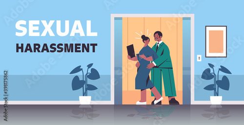 businessman molesting female employee sexual harassment at work businesswoman feeling disgusted office corridor interior horizontal full length vector illustration