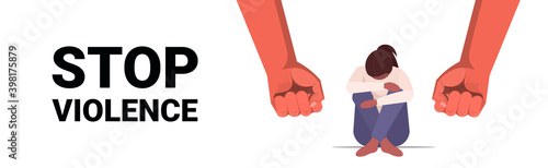 fists over scared terrified woman stop family violence and aggression against women concept full length horizontal vector illustration