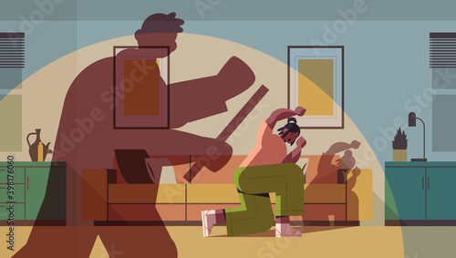shadow of angry husband punching and hitting wife stop domestic violence and aggression against women living room interior horizontal full length vector illustration