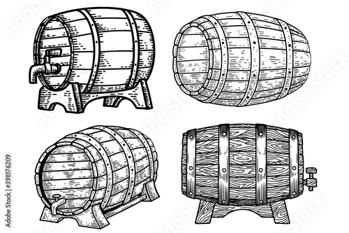 Set of illustrations of wooden barrels in engraving style. Design element for poster, card, banner, sign. Vector illustration
