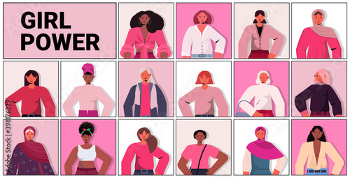 set mix race girls avatars female empowerment movement women's power union of feminists concept horizontal portrait vector illustration