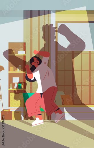 shadow of angry husband punching and hitting wife stop domestic violence and aggression against women living room interior vertical full length vector illustration