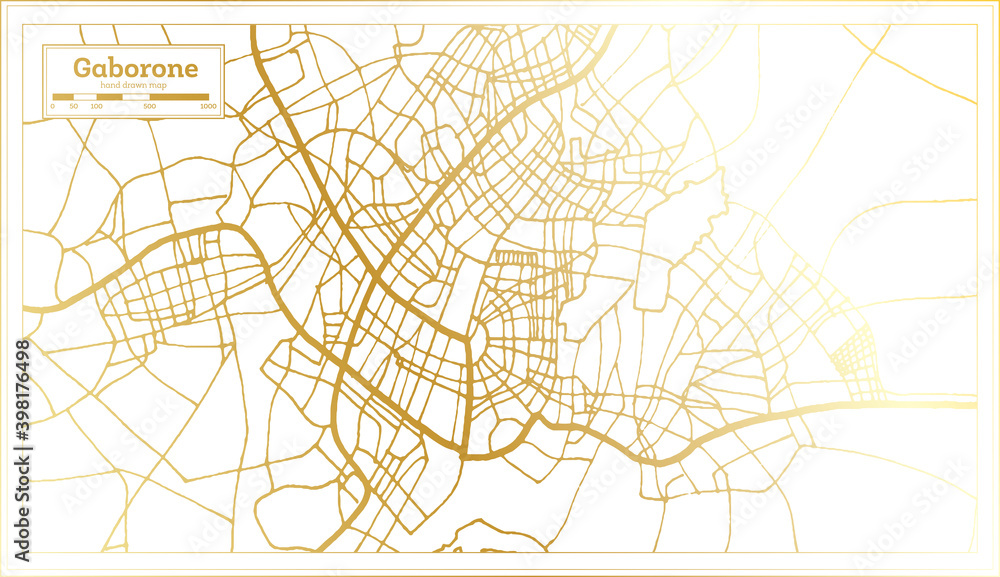 Gaborone Botswana City Map in Retro Style in Golden Color. Outline Map.