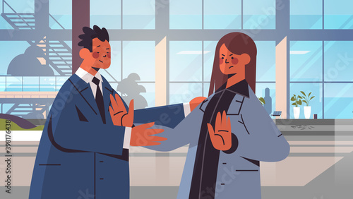businessman molesting female employee sexual harassment at work concept businesswoman feeling disgusted office interior horizontal portrait vector illustration