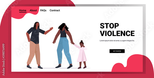 angry husband punching and hitting wife with daughter stop domestic violence and aggression against women horizontal full length copy space vector illustration