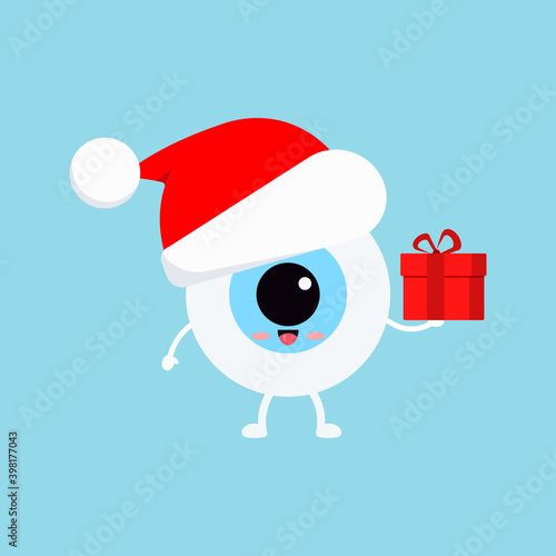 Chistmas eye ball with gift in red Santa Claus hat isolated on background. Ophthalmology holiday character - funny eyeball with present. Flat design cartoon style vector winter mascot illustration.