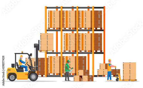Warehouse shelves with goods, mover and container package boxes. Pile cardboard boxes set. Carton delivery packaging open and closed box with fragile signs. Vector illustration in flat style