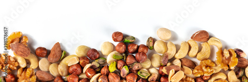 Nuts panorama with a place for text. A mix of peanuts, hazelnuts, walnuts, pistachios, cashews and almonds, shot from the top