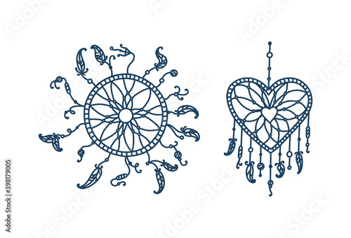 Dreamcatcher circle and heart with feathers. Set of dreamcatchers with tribal feathers. Vector illustration in doodle style