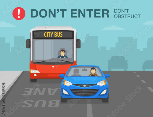 Driving in a bus lane. Traffic or road rule. Front view of blue sedan car and bus on a bus lane. Do not enter the bus lane and do not obstruct. Flat vector illustration template.