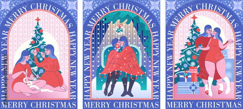 Christmas of Lesbian couple - Set of modern greeting cards with text in arch frame. Merry XMas and Happy New Year for lesbians. Holiday Christmas activities of two women in love, LGBT family
