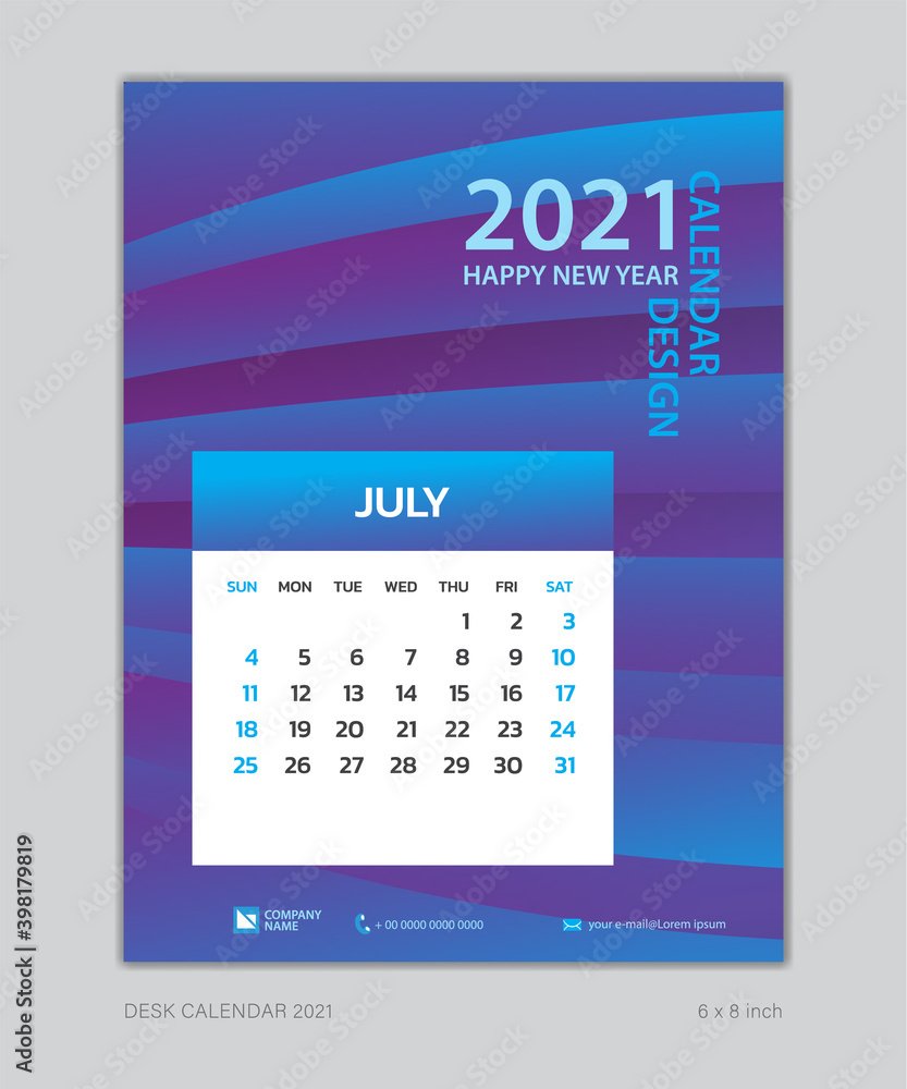 Calendar 2021 template, July, Desk Calendar for 2021 year, week start on sunday, planner design, wall calendar, Poster, flyer, stationery, printing, vertical page, Blue Gradient background