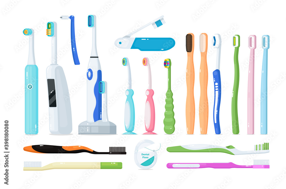 Toothbrush for dental care oral hygiene and teeth protection. Electric, bamboo and plastic tooth brush for brushing teeth and caries enamel destruction prevention vector illustration isolated on white