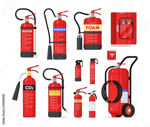 Portable or industrial fire extinguisher firefighter equipment. Fire-fighting safety unit different shape and type for prevention and protection from flame spread vector illustration isolated on white photo