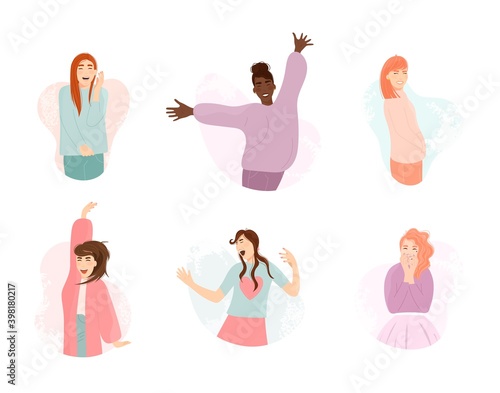 Happy smile expression multiethnic girl jumping and dancing. Young beautiful emotional woman with different raised hand gesture smiling laughing vector illustration isolated on white background