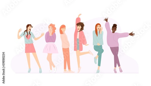Jumping, singing, dancing happy girl with positive emotion. Casual young multiracial woman screaming, smiling shy, laughing, flirting, greeting, feeling happiness vector illustration isolated on white