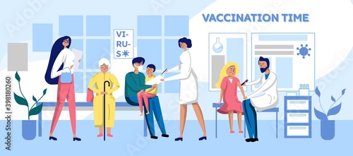 People vaccination time against flu virus disease in clinic. Children and adult patient in medical hospital getting injection for protection from coronavirus Covid19, influenza vector illustration