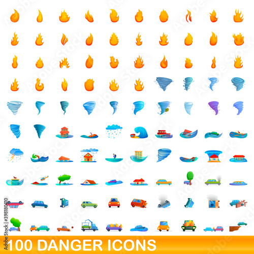 Fototapeta Naklejka Na Ścianę i Meble -  100 danger icons set. Cartoon illustration of 100 danger icons vector set isolated on white background