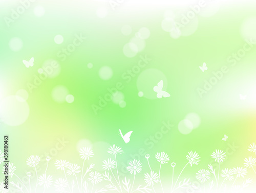 花のイラストと蝶々による光ボケ背景素材